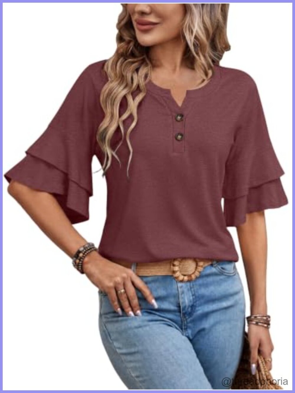 Women's V-Neck Henley Blouse Ruffle Bell Sleeve Tunic Top